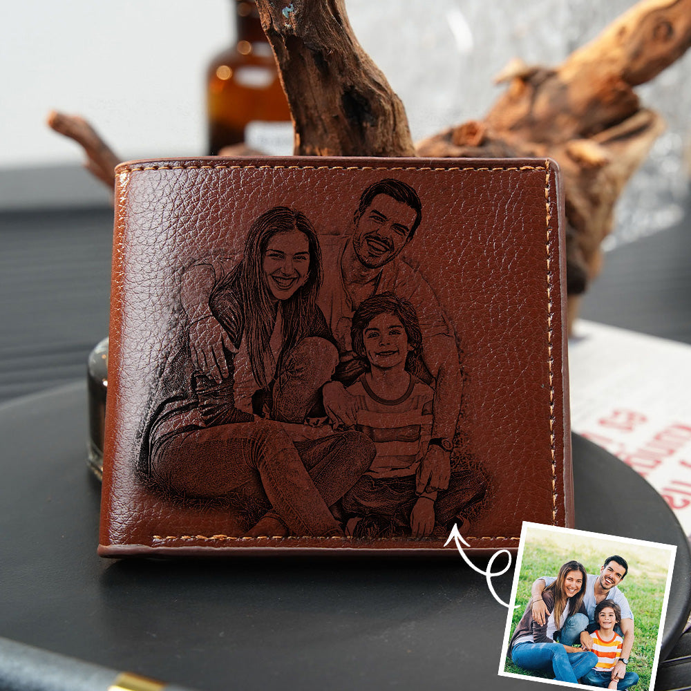 Personalised photo bifold leather wallet for men with high-quality printed photo and custom text — ideal Father’s Day gift