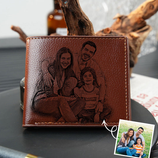 Personalised photo bifold leather wallet for men with high-quality printed photo and custom text — ideal Father’s Day gift