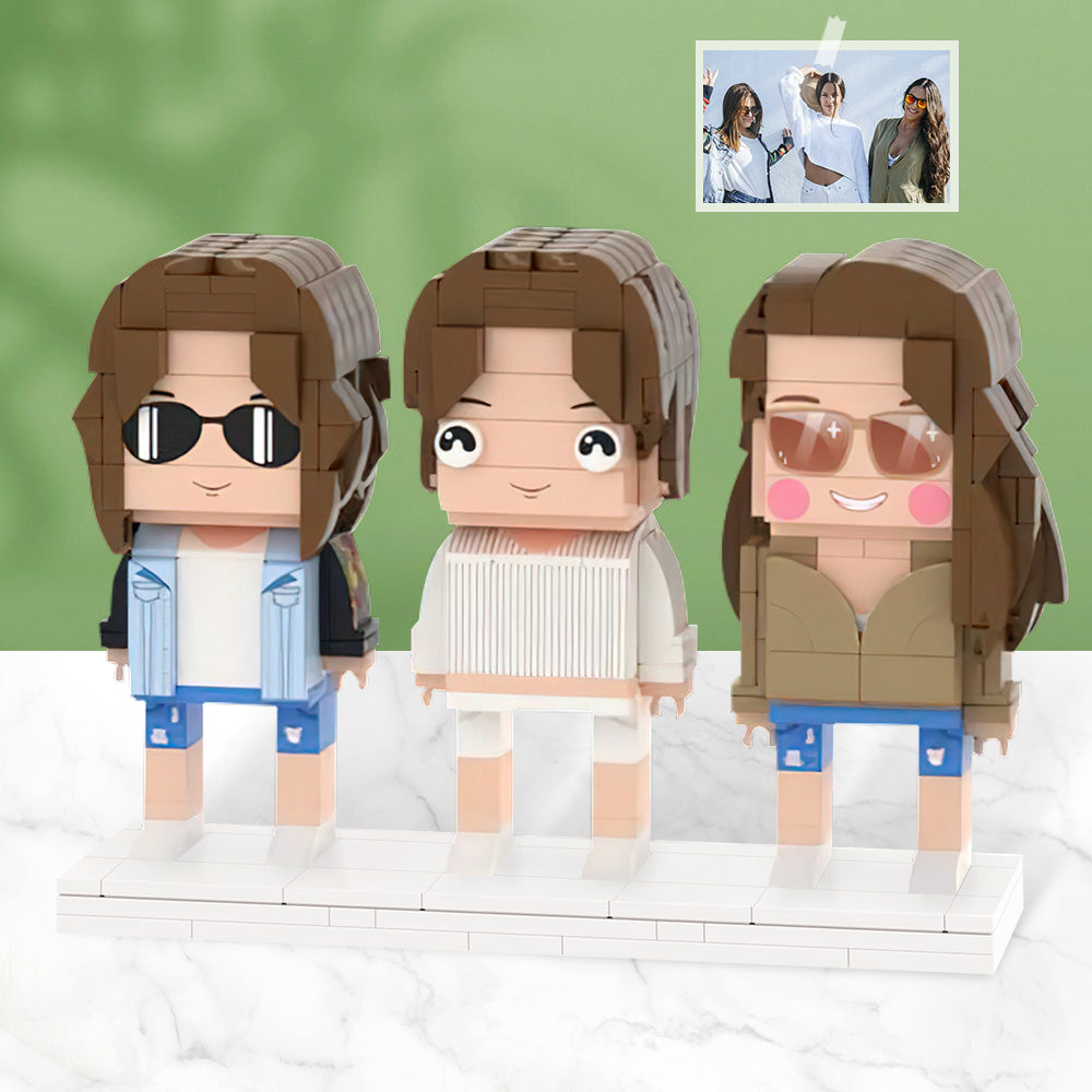 Three-person custom brick figures personalised as a gift for girlfriends — bespoke photo-to-figure keepsake in eco-friendly ABS
