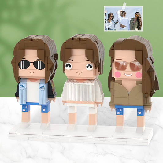 Three-person custom brick figures personalised as a gift for girlfriends — bespoke photo-to-figure keepsake in eco-friendly ABS