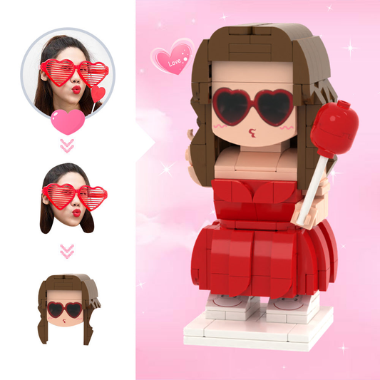Personalised Cute Head Brick Figure Lady with Balloon — handmade one-person customised brick figure made from your photo in eco-friendly ABS, perfect personalised gift