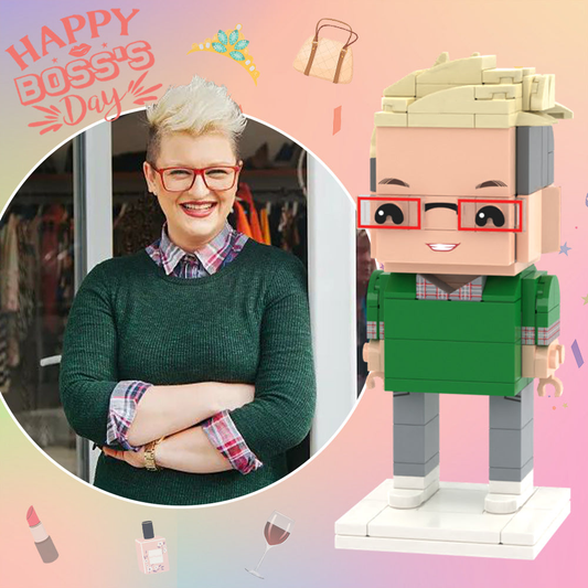Personalised full-body custom brick figure (1 person) — Boss's Day gift showing customised hairstyle, facial expression and outfit on eco-friendly ABS