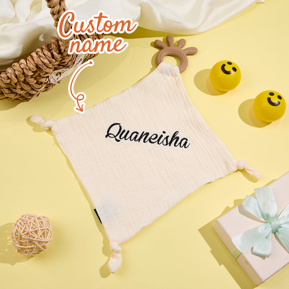 Personalised Soothe Towel shown as bib-style comfort cloth around baby’s neck – lightweight, breathable and travel-friendly