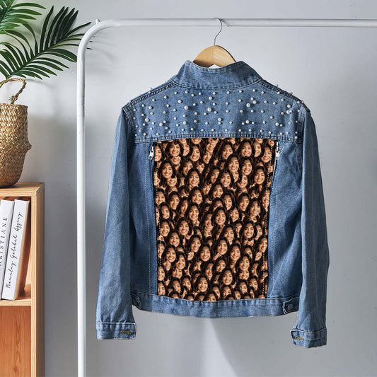 Back view of personalised pearl photo denim jacket with custom face print and pearl embellishments — women's custom face jean jacket