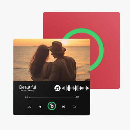 Size reference: 10cm FridgeBeats frameless music magnet held in hand to show compact personalised keepsake