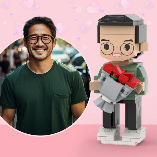 Front view of full‑body personalised 1‑person brick figure holding a fixed rose — custom small particle block toy made from eco‑friendly ABS, ideal wedding or Valentine’s gift