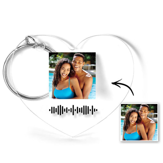 Personalised Spotify code clear acrylic music keyring with printed photo, engraved scannable code, song title and artist — custom music keychain