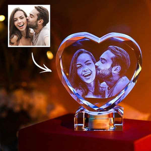 3D Laser Engraved Heart Crystal Photo Frame with Light Up LED Base