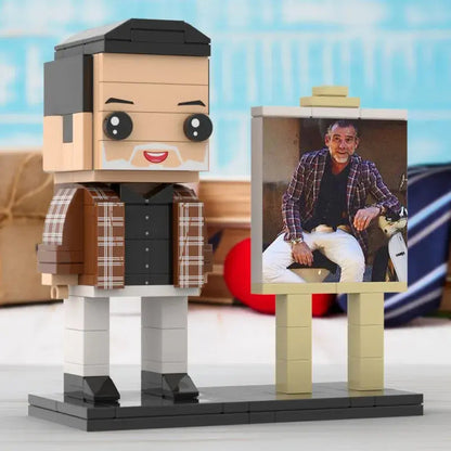 Side view of a personalised full-body brick figure in a premium frame — handcrafted ABS custom photo gift for him