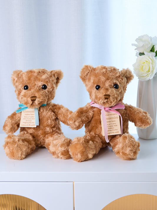 Personalised Birth Announcement Bear plush, front view with embroidered name, date, time, weight and length — newborn keepsake