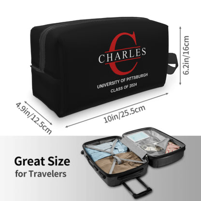 Personalised toiletry bag open to show roomy interior and zip, ideal uni toiletry organiser or personalised pencil case