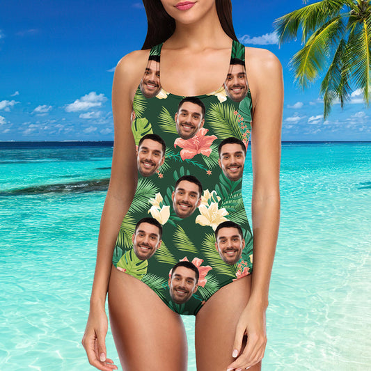 Custom Face Tropical One‑Piece Swimsuit front view with personalised photo print, vivid heat‑transfer colours, modest scoop and flattering body‑hugging cut