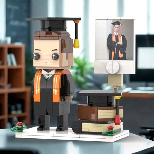 Personalised full‑body brick figure (one person) created from your photo, showing customised hairstyle, facial expression and clothing — ideal personalised graduation gift keepsake