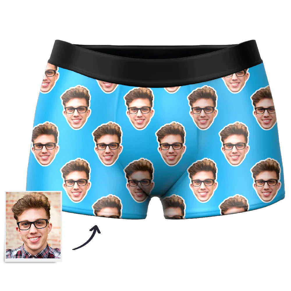 Example of custom text option on personalised face boxer shorts — add a name or short quote to your custom photo underwear