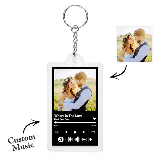Personalised NFC Music Keyring — acrylic customisable keyring with couple photo and silver split ring, instant play on NFC-enabled smartphones; upload MP3 for a bespoke gift for couples.