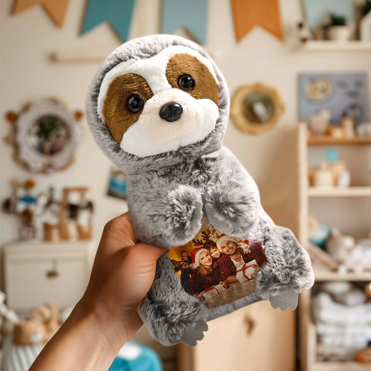 Front view of personalised sloth plush with custom photo on its belly — personalised stuffed toy for kids