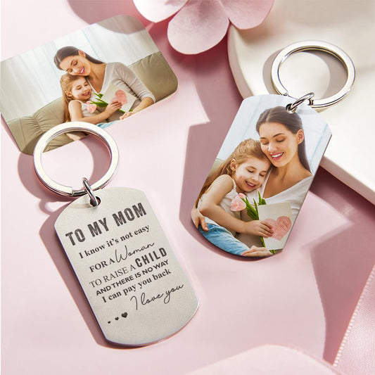 To My Mum personalised photo keyring with 'Drive Safe I Need You Here With Me' message – stainless steel Mother's Day keepsake