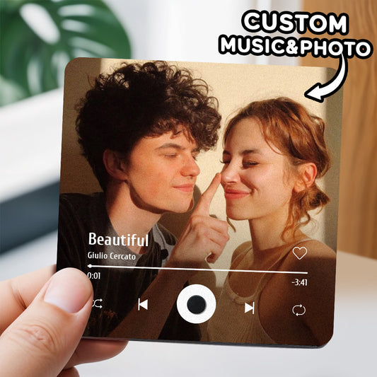 Personalised music fridge magnet with custom photo cover — acrylic album-style magnet that plays your chosen song, perfect gift for her