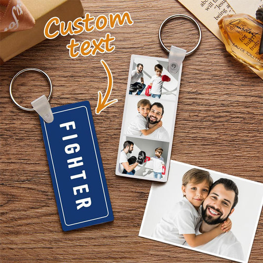 Personalised double-sided photo keyring with custom text — two-sided MDF keyring showing personalised photos and names, ideal birthday keepsake gift