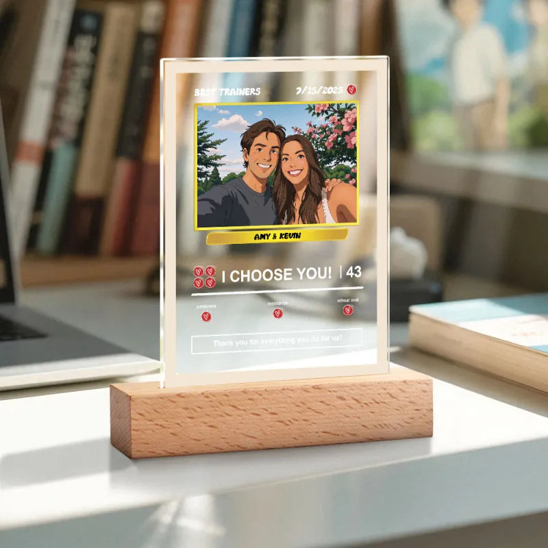 Modern design of the Personalised Photo Lamp with acrylic panel and wooden base.