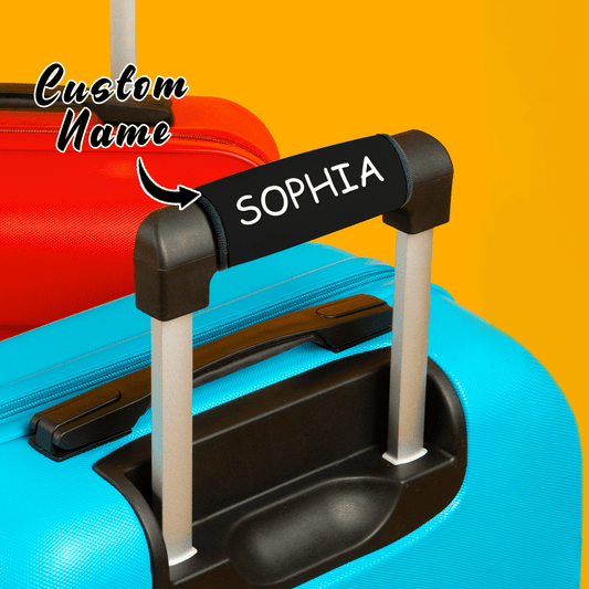 Personalised neoprene luggage handle wrap with custom photo print, durable soft-grip travel ID tag for suitcases