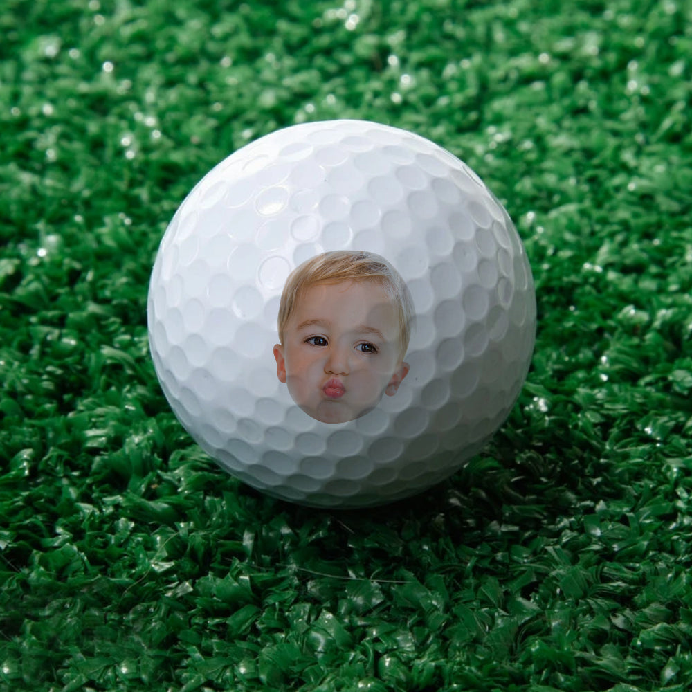 Multiple personalised golf balls showcasing photo, logo and personalised text customisations — perfect for weddings and celebrations