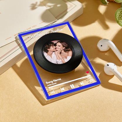 Angled close-up of rotatable vinyl detail and premium clear acrylic edge on a personalised NFC music plaque
