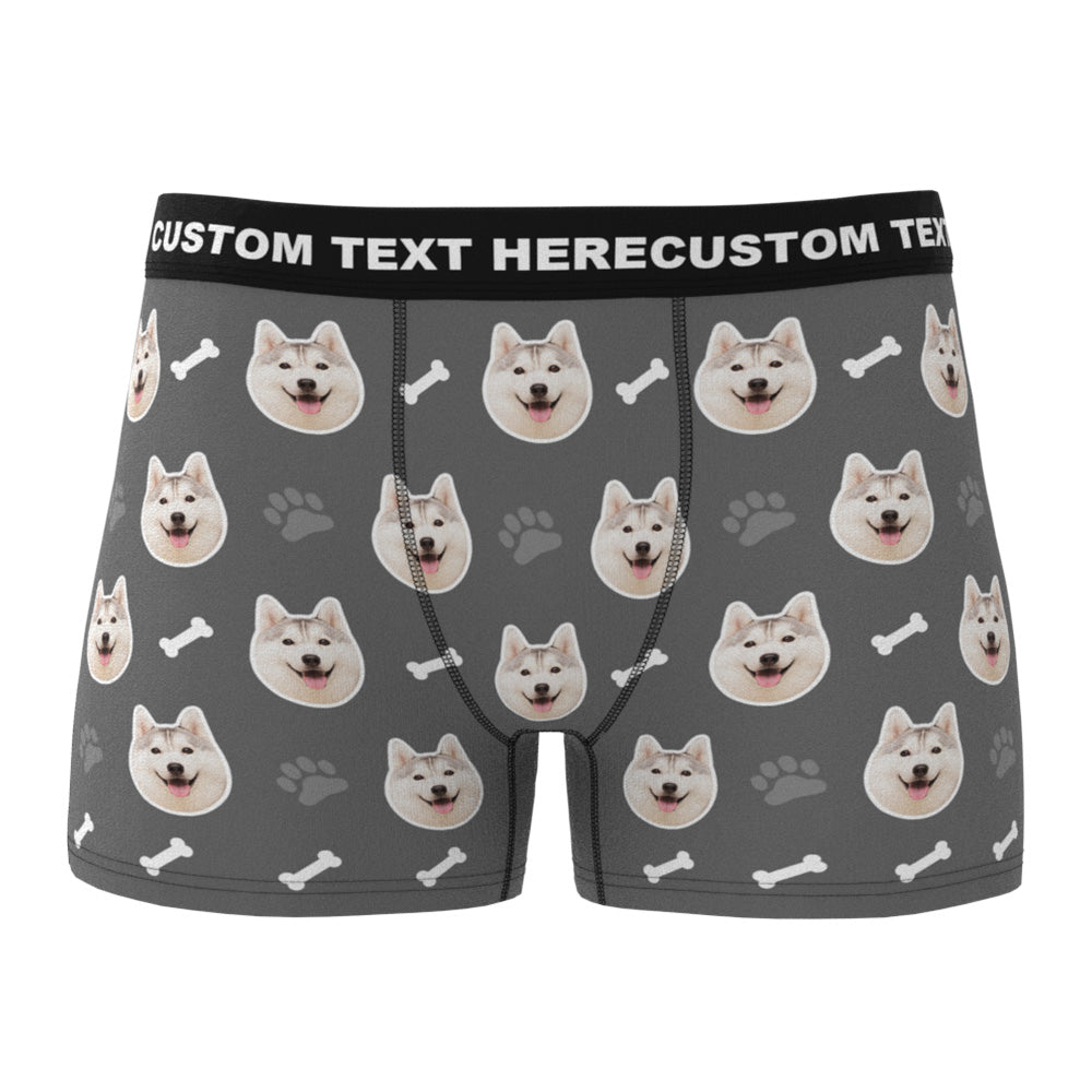 Close-up of heat transfer dog-face print on personalised men's boxer briefs – bright colours and fade-resistant finish