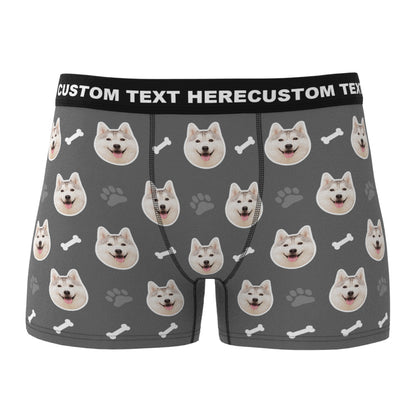 Close-up of heat transfer dog-face print on personalised men's boxer briefs – bright colours and fade-resistant finish