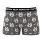 Close-up of heat transfer dog-face print on personalised men's boxer briefs – bright colours and fade-resistant finish