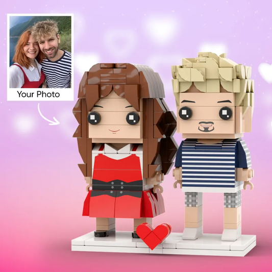 Personalised full-body 2-person brick-style figures — custom 'Brick Me' couple figures front view showing bespoke hairstyles, expressions and outfits; ideal personalised wedding, anniversary or Valentine’s gift