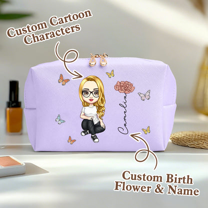 Size comparison of personalised make-up bag held in hand showing compact 18cm x 11cm dimensions — ideal custom cosmetic organiser