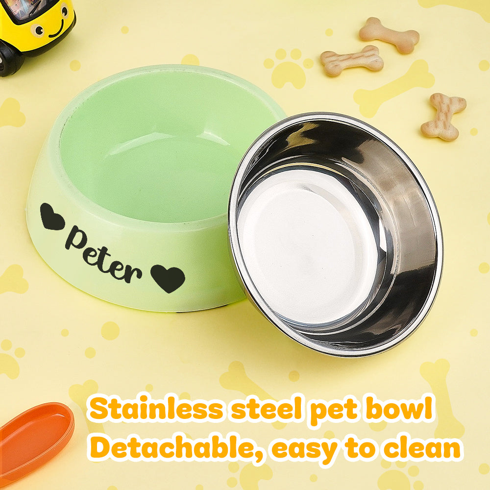 Side profile of personalised stainless steel pet bowl in sturdy plastic base with non‑slip rubber pad visible — anti‑spill dog bowl