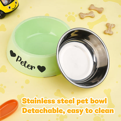 Side profile of personalised stainless steel pet bowl in sturdy plastic base with non‑slip rubber pad visible — anti‑spill dog bowl