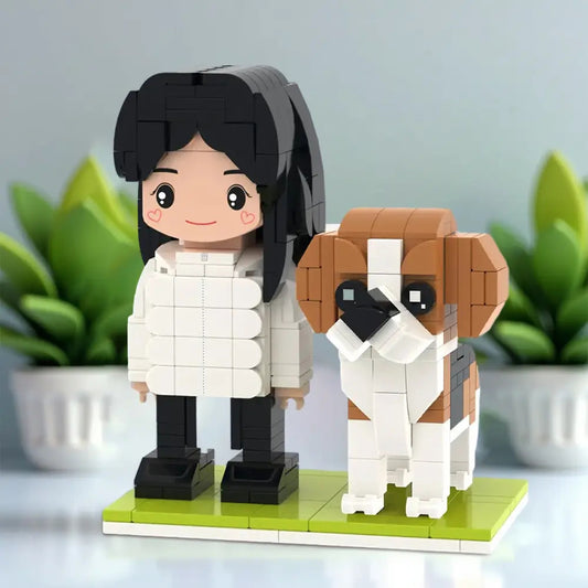 Personalised full-body brick figure with dog — front view of customisable cute mini block toy, personalised face, hairstyle and outfit in eco-friendly ABS