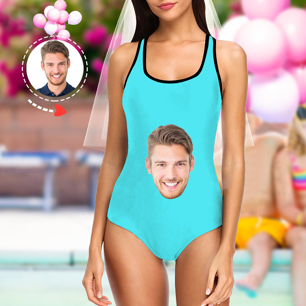 Model wearing personalised one-piece swimsuit side view showing body-hugging fit and slimming cut – custom face swimwear for holidays