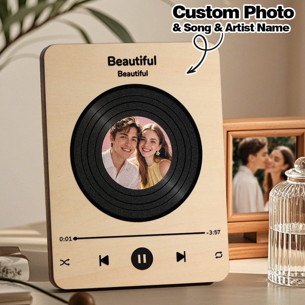 Personalised photo wooden music record player with custom vinyl face — ideal anniversary gift