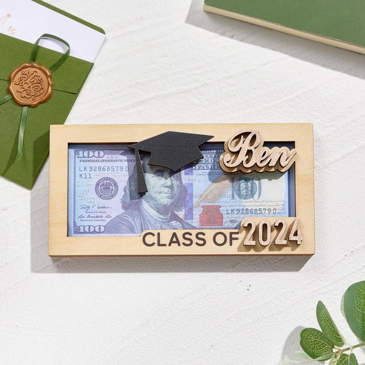 Personalised engraved wooden money box front view — compact 18 x 9 x 2.2 cm graduation keepsake, custom name or date engraving