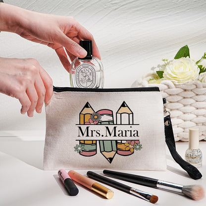 Gift-wrapped personalised floral canvas make-up bag with name – perfect thank-you gift for a teacher
