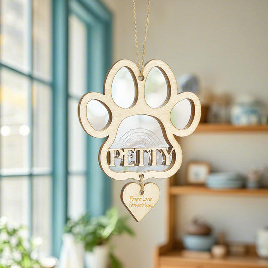 Personalised pet memorial ornament – solid wood dog paw with deep engraved name, custom Christmas gift for pet lovers