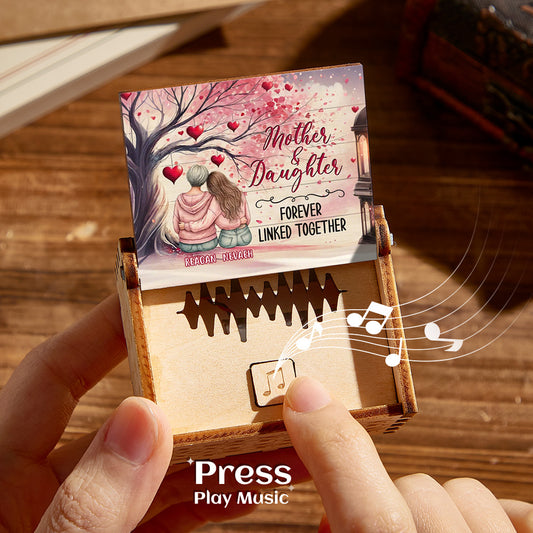 Personalised wooden music box on white background — custom Mother's Day keepsake that plays MP3s and voice recordings, perfect gift for mum