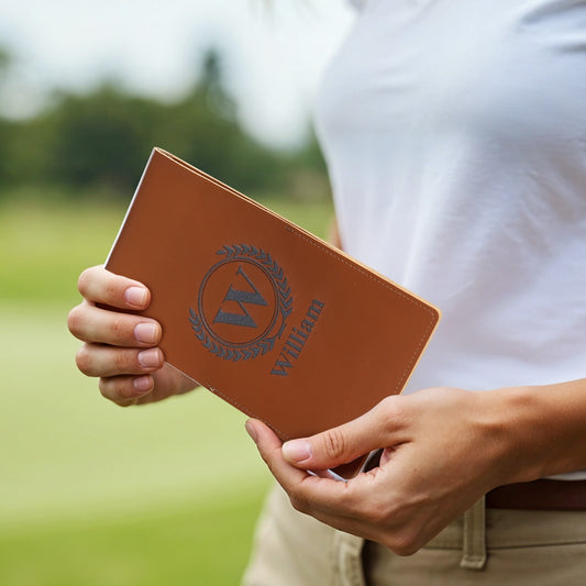 Personalised PU leather golf scorecard holder front view — classic gift for him