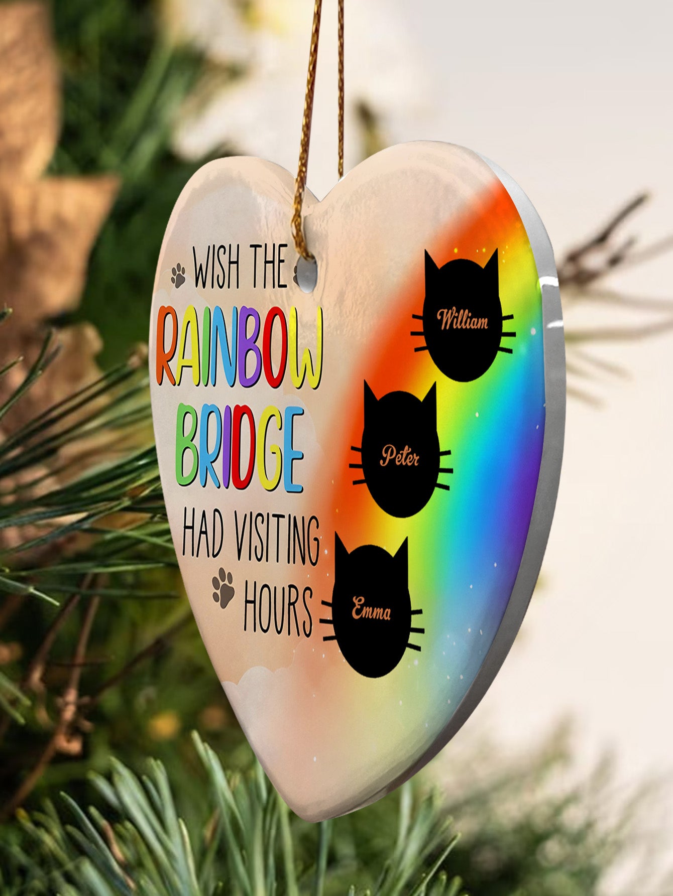 Personalised Heart Cat Memorial Ornament - Rainbow Bridge Visiting Hours Keepsake