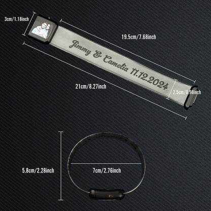 Personalised photo LED bracelet displayed alongside sample photos to demonstrate custom printing options for bespoke wedding favours and birthday gifts
