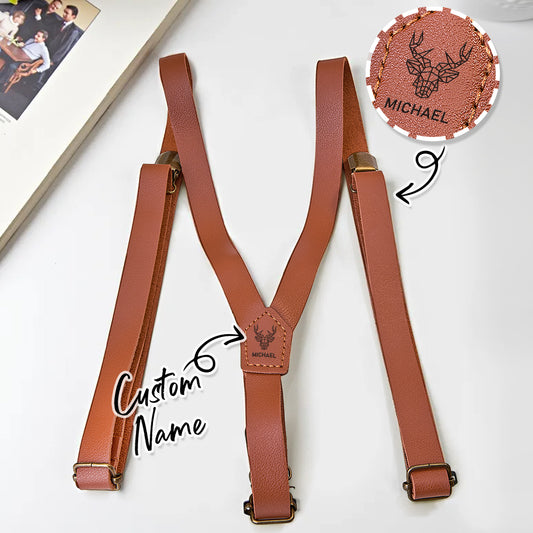 Personalised men's suspenders in premium PU leather with engraved name — perfect groomsmen gifts and wedding accessories
