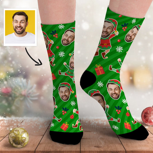 Personalised photo socks showing a pair of custom funny face socks with a high‑resolution favourite-face print — unisex, soft breathable casual socks; ideal personalised Christmas gift