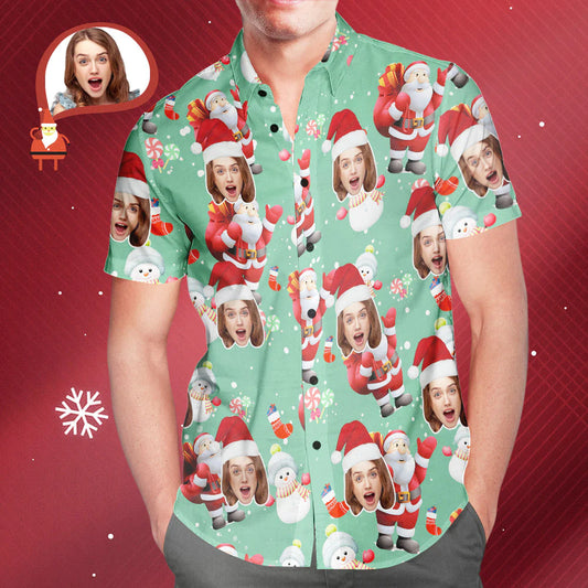 Personalised men's Hawaiian shirt with all-over snowman face print — funny Christmas gift for him