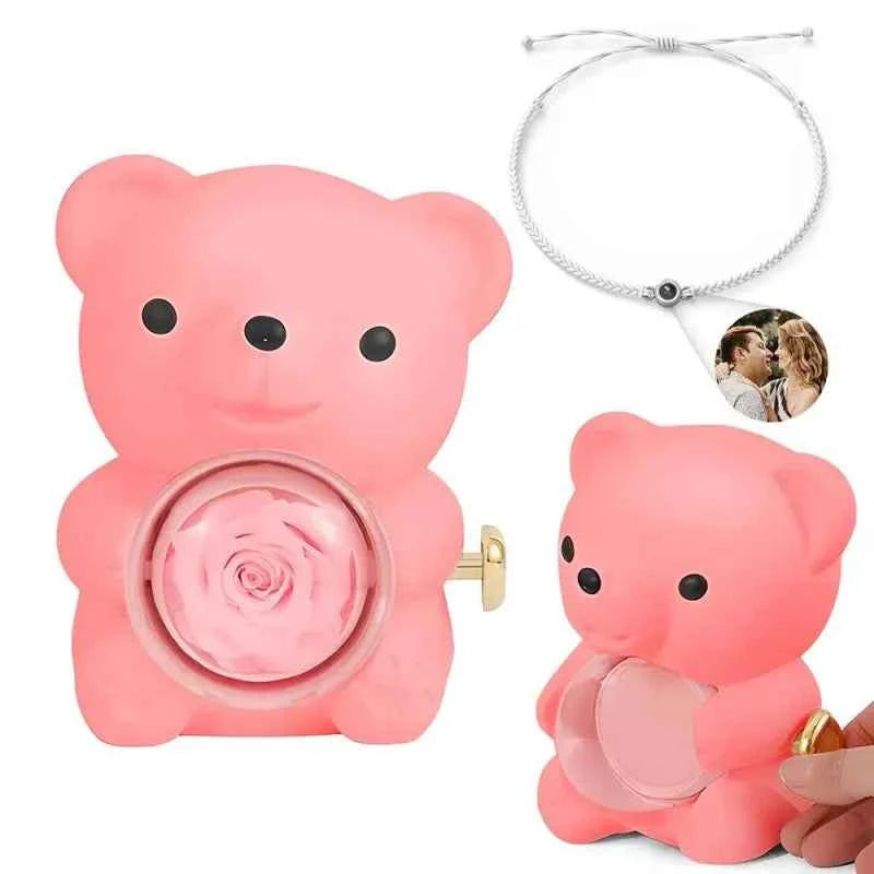 Personalized Photo Projection Bracelet with Rose Bear Giftbox Jewelry Sets Best Valentines Day Gift for Lover