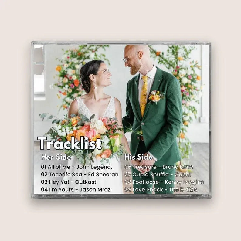 Custom jewel case back showing printed tracklist — personalise with 5 or 16 songs for your personalised CD album