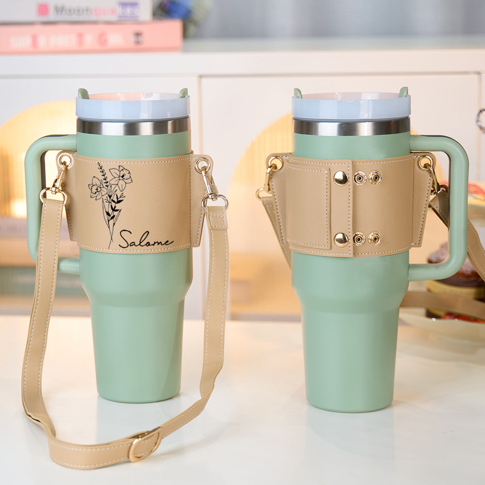 Side angle of personalised PU leather tumbler carrier highlighting reinforced stitching and slim silhouette for everyday use